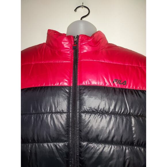 Fila Men's Puffer Jacket XXL Vintage 90s Full Zip Hidden Hood Pockets Black Red - Picture 2 of 11